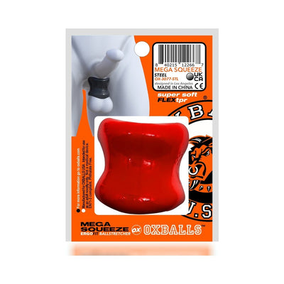 Red Oxballs Mega Squeeze ErgoFit ballstretcher displayed in branded orange packaging with product details.