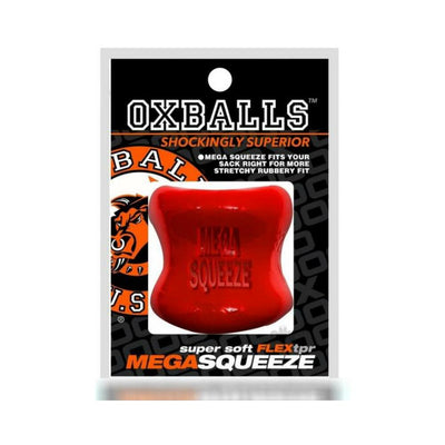 Red Oxballs Mega Squeeze Ergofit ballstretcher in black and orange branded packaging with product name visible.