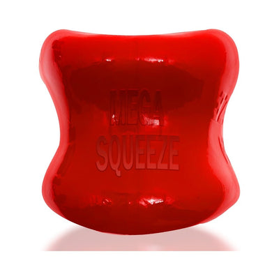 Red glossy ergonomic ballstretcher with "MEGA SQUEEZE" embossed on the front, made of flexible material.