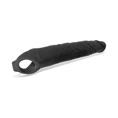 Black textured silicone cocksheath with tapered design and open base for secure fit and deep reach.
