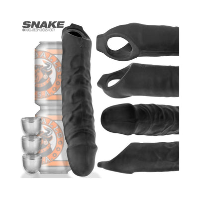 Black Oxballs Snake Deep-reacher cocksheath with veiny texture, adjustable bullet inserts, and open base shown from multiple angles.