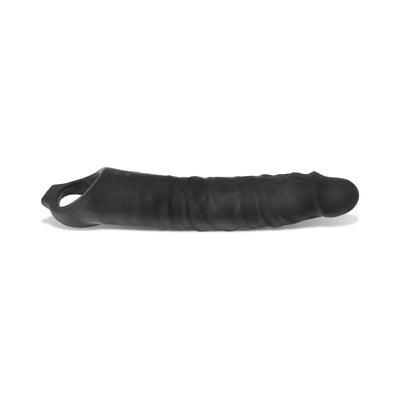 Black textured silicone cocksheath with tapered design and base grip ring for secure fit.