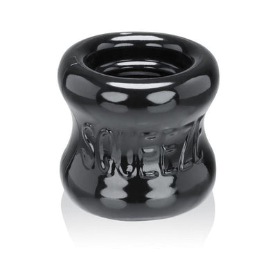 Black glossy flexible ball stretcher with embossed SQUEEZE branding and ergonomic curved shape.