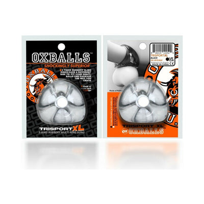 Oxballs Tri-sport XL thicker 3-ring rubbery sling in clear packaging shown from front and back views.