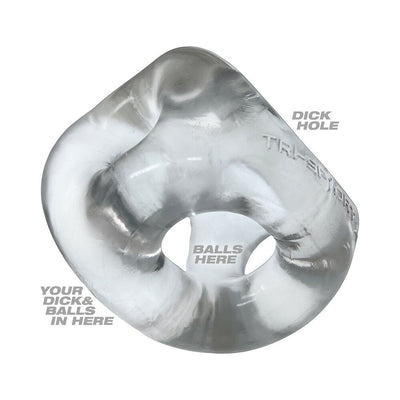 Clear flexible rubber 3-ring sling with labeled holes for shaft and balls, designed for custom fit and comfort.