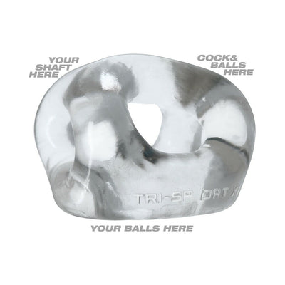 Clear flexible tri-ring sling with labeled openings for shaft and balls, designed for comfortable fit and support.