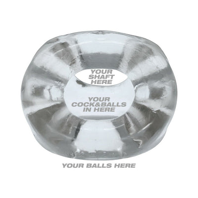 Clear thicker rubber 3-ring sling with labeled openings for shaft and balls, designed for comfort and custom fit.