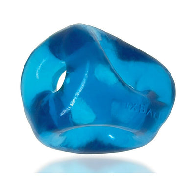 Blue translucent flexible three-ring sling made of soft rubbery material for custom fit and comfort.