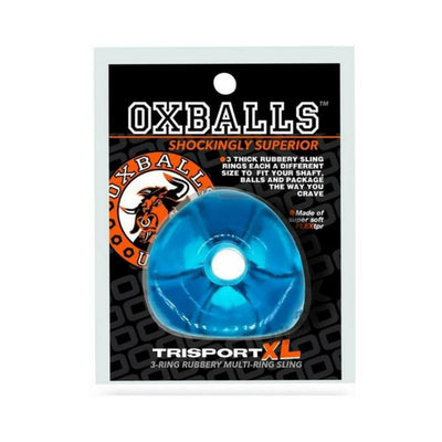 Oxballs Tri-sport XL thicker blue 3-ring rubbery sling in retail packaging with black and orange branding.