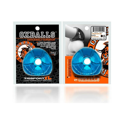 Blue Oxballs Tri-sport XL thicker 3-ring rubbery sling in retail packaging shown from front and back views.