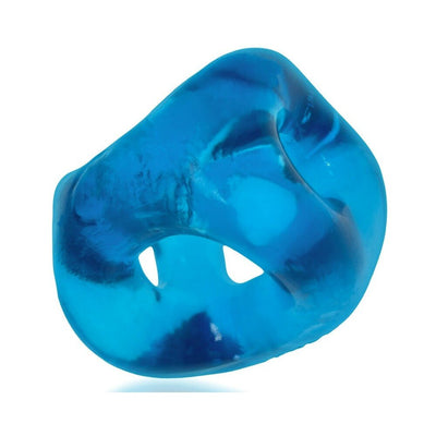 Blue translucent flexible three-ring sling made of soft rubbery material for custom fit and support.