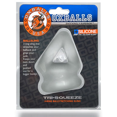 Oxballs Tri-Squeeze 3-ring silicone ballsling in clear packaging with black and orange branding details.