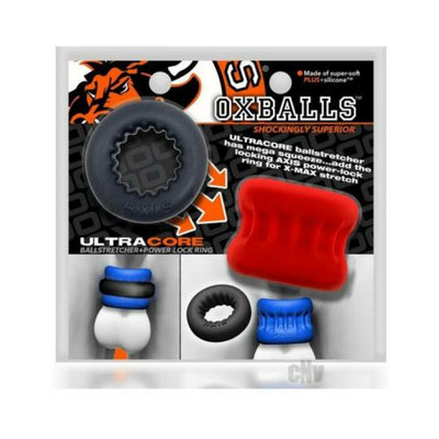 Oxballs Ultracore Core ballstretcher with blue Axis power-lock ring in retail packaging with product illustrations.