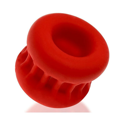 Red soft silicone ballstretcher with ribbed design for enhanced grip and comfortable stretch.