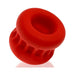 Red soft silicone ballstretcher with ribbed design for enhanced grip and comfortable stretch.