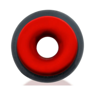 Top view of Oxballs Ultracore Core ballstretcher with Axis ring in red and black silicone design.