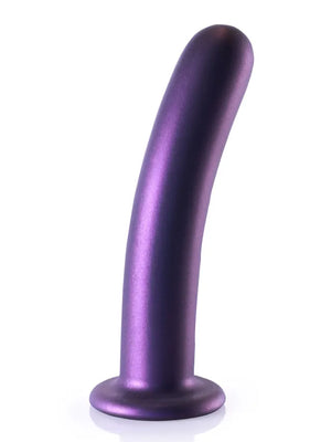 Metallic purple smooth silicone 7-inch G-spot dildo with curved shape and suction cup base.