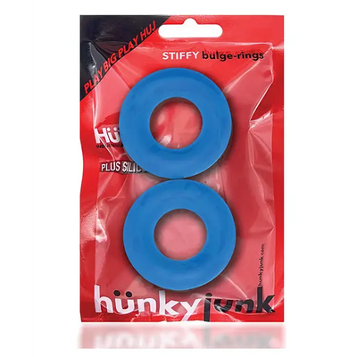 Two blue silicone cockrings in a red Hunky Junk branded package labeled Stiffy bulge-rings.