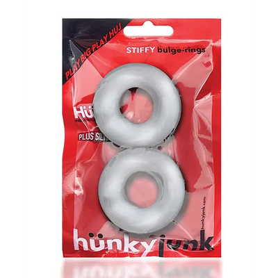 Two gray silicone cockrings in red and black Hunky Junk branded packaging labeled Stiffy bulge-rings 2-pack.