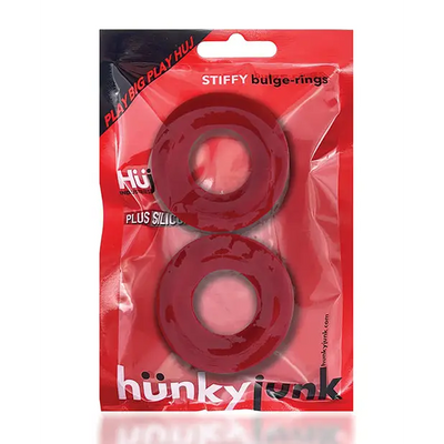 Two red silicone bulge rings in clear red packaging labeled Hunky Junk Stiffy Bulge Rings.