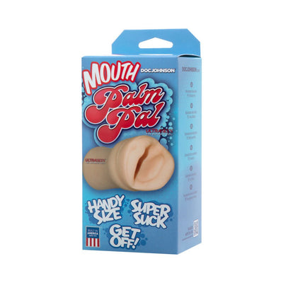 Palm Pal UR3 Mouth Masturbator in beige with blue packaging highlighting its realistic texture and compact size.