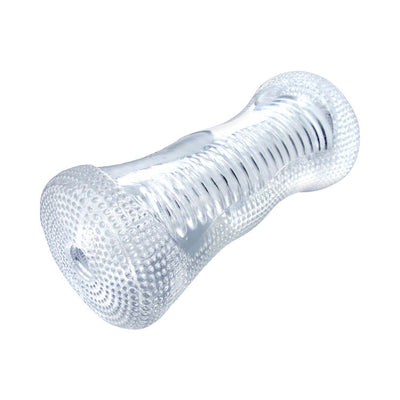 Clear Palm-Tec Dx Vol 17 stroker with ribbed interior and textured grip made from flexible Thermoplastic Rubber TPR.