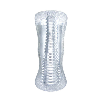 Clear Palm-Tec Dx Vol 17 stroker with ribbed interior and textured exterior made of flexible Thermoplastic Rubber TPR.