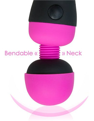 Close-up of pink and black Palm Power Rechargeable Massager showing flexible bendable neck feature.