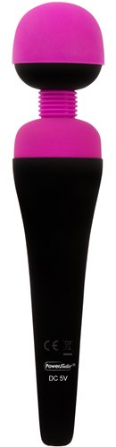 Pink and black rechargeable massage wand with flexible neck and smooth silicone head.