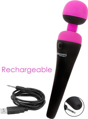Palm Power Rechargeable Massager wand with flexible silicone head and USB charging cable for convenient use.