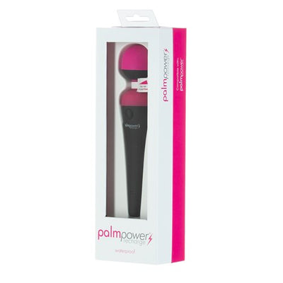 Palm Power Rechargeable Massager with silicone head in black and pink, packaged in a white and pink box.
