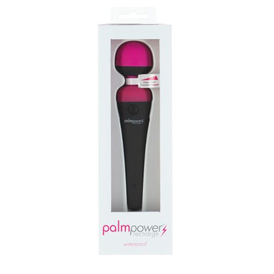 Palm Power Rechargeable Massager with pink silicone head and black handle in white packaging, USB rechargeable and waterproof.