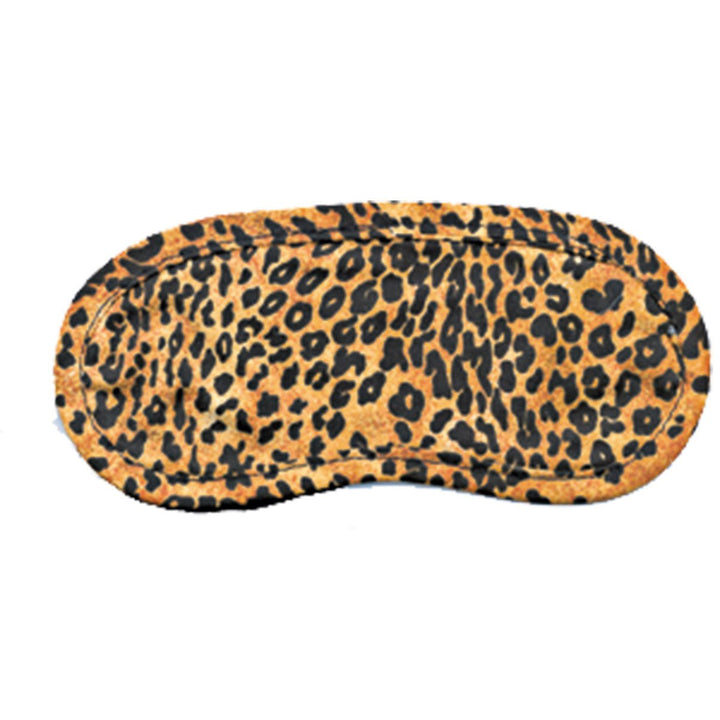 Leopard print satin eye mask with elastic band for comfortable sensory blocking and relaxation.