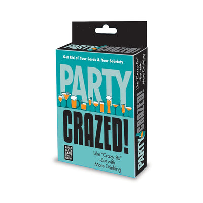 Party Crazed card game box with colorful drink illustrations and bold text promoting a fun adult drinking game.