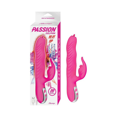 Pink Passion Dolphin Heat Up dual stimulator with textured shaft and USB charger, shown with packaging.