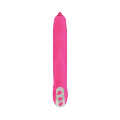 Pink dual stimulator with textured shaft, external flicking tongue, and control buttons at the base.
