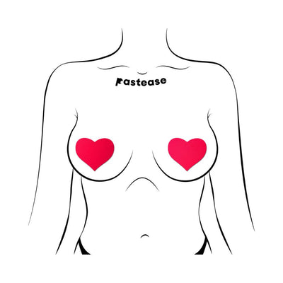 Illustration of a torso wearing neon red heart-shaped nipple pasties by Pastease on a white background.