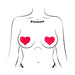 Illustration of a torso wearing neon red heart-shaped nipple pasties by Pastease on a white background.