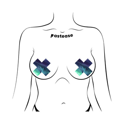 Illustration of a torso wearing iridescent black opal cross-shaped nipple pasties by Pastease.