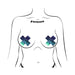 Illustration of a torso wearing iridescent black opal cross-shaped nipple pasties by Pastease.