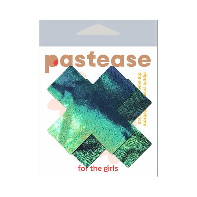 Pastease Black Opal Liquid Plus X-shaped iridescent nipple pasties in green and blue tones on branded packaging.