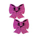 Pair of hot pink glittery bow-shaped nipple pasties with black detailing on a white background.