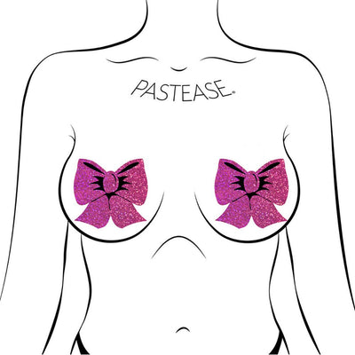 Illustration of a torso wearing hot pink glitter bow-shaped nipple pasties by Pastease.