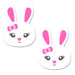 Pair of white bunny-shaped pasties with pink ears, heart-shaped noses, and pink bows on a white background.