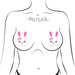 Illustration of a torso wearing white bunny-shaped nipple pasties with pink ears, heart nose, and bow accents.