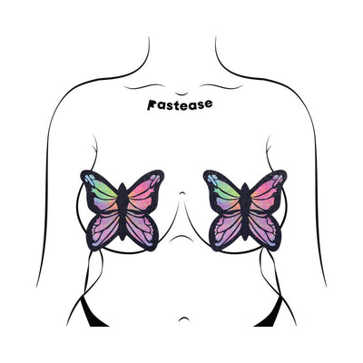 Illustration of butterfly-shaped rainbow twinkle pasties with black outlines and support tape on a minimalist female torso drawing.