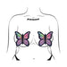 Illustration of butterfly-shaped rainbow twinkle pasties with black outlines and support tape on a minimalist female torso drawing.