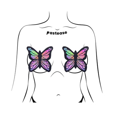 Illustration of a torso wearing Pastease butterfly-shaped rainbow twinkle pasties with fuller coverage and lift.