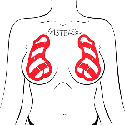 Illustration of red and white striped candy cane shaped nipple pasties on a female chest outline.