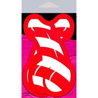 Red and white striped candy cane shaped novelty nipple pasties in playful design on packaging.